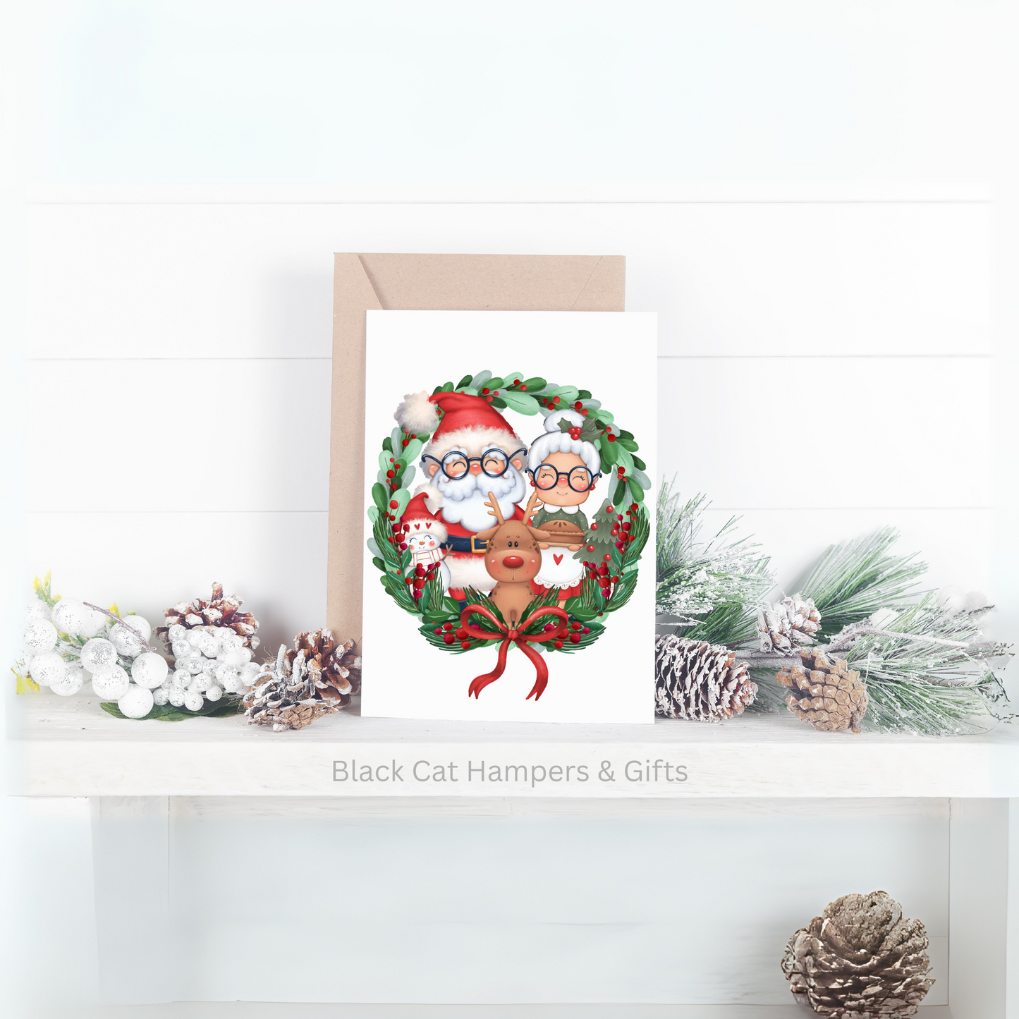 Mr & Mrs Claus in Wreath - Handmade Greetings Card