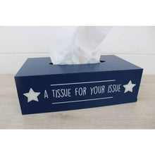 Load image into Gallery viewer, Mens Tissue Box Dark Blue Wood With Quote &amp; White Stars+++
