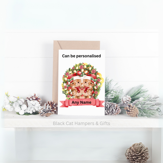 Double Gingerbread Men Wreath Christmas Card can be personalised