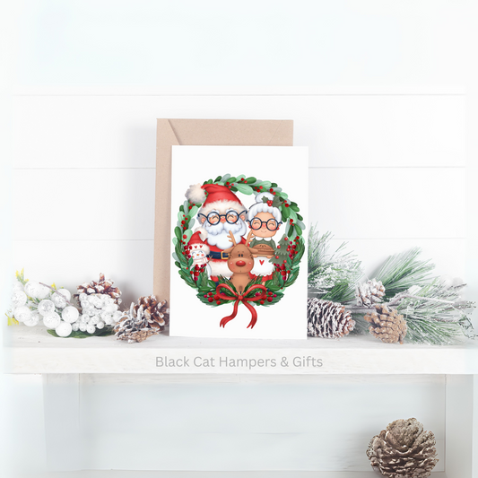 Mr & Mrs Claus in Wreath - Handmade Greetings Card