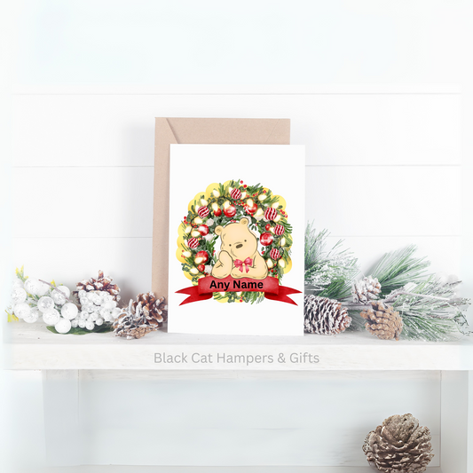 Winnie Wreath Handmade Christmas Card - Personalised